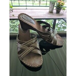 Rialto Sandals Womens Size 7.5 Sadie Comfort Brown Strappy Wedge Heel Stitching